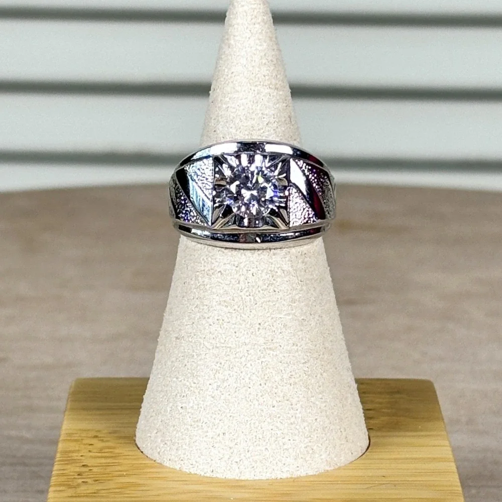 Vintage Art Deco Silver 14K HGE Cubic Zirconia‎ Mens Statement Ring Size 7.5